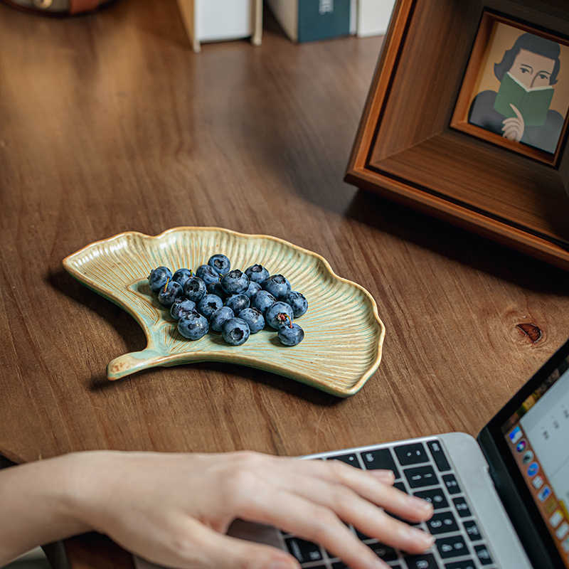Ginkgo Leaf Ceramic Plate 8" - Fan-Shaped Stoneware Serving Dish
