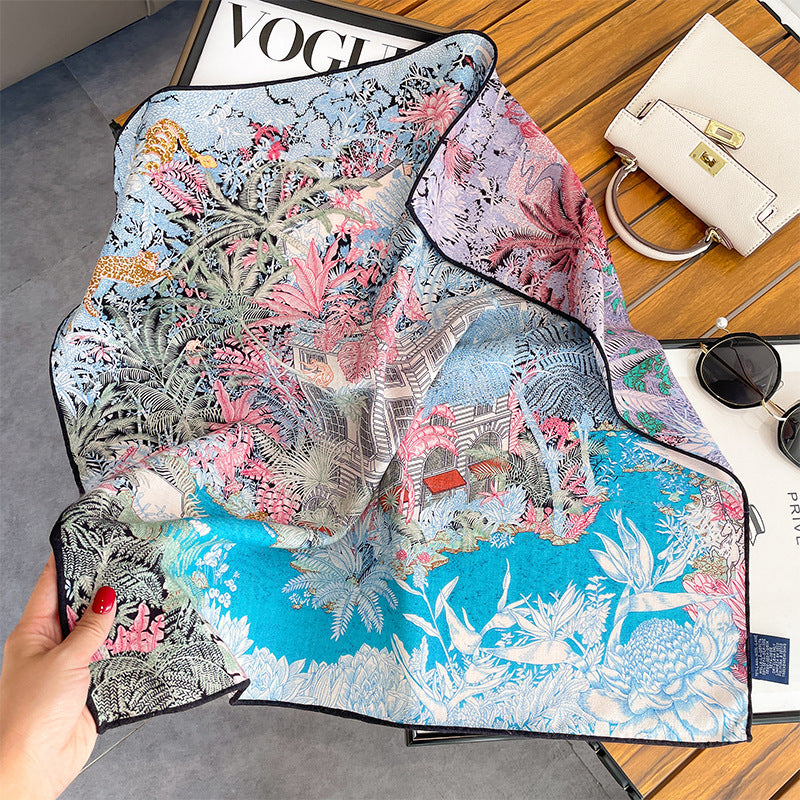 Silk Wool Scarf - Botanical Sketch Garden Print Luxury Wrap