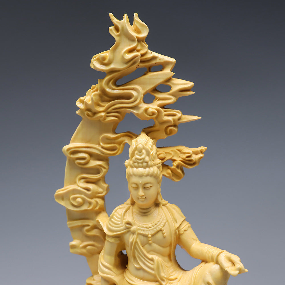 Boxwood Guanyin Carving - Water Moon Goddess of Mercy Statue 120g
