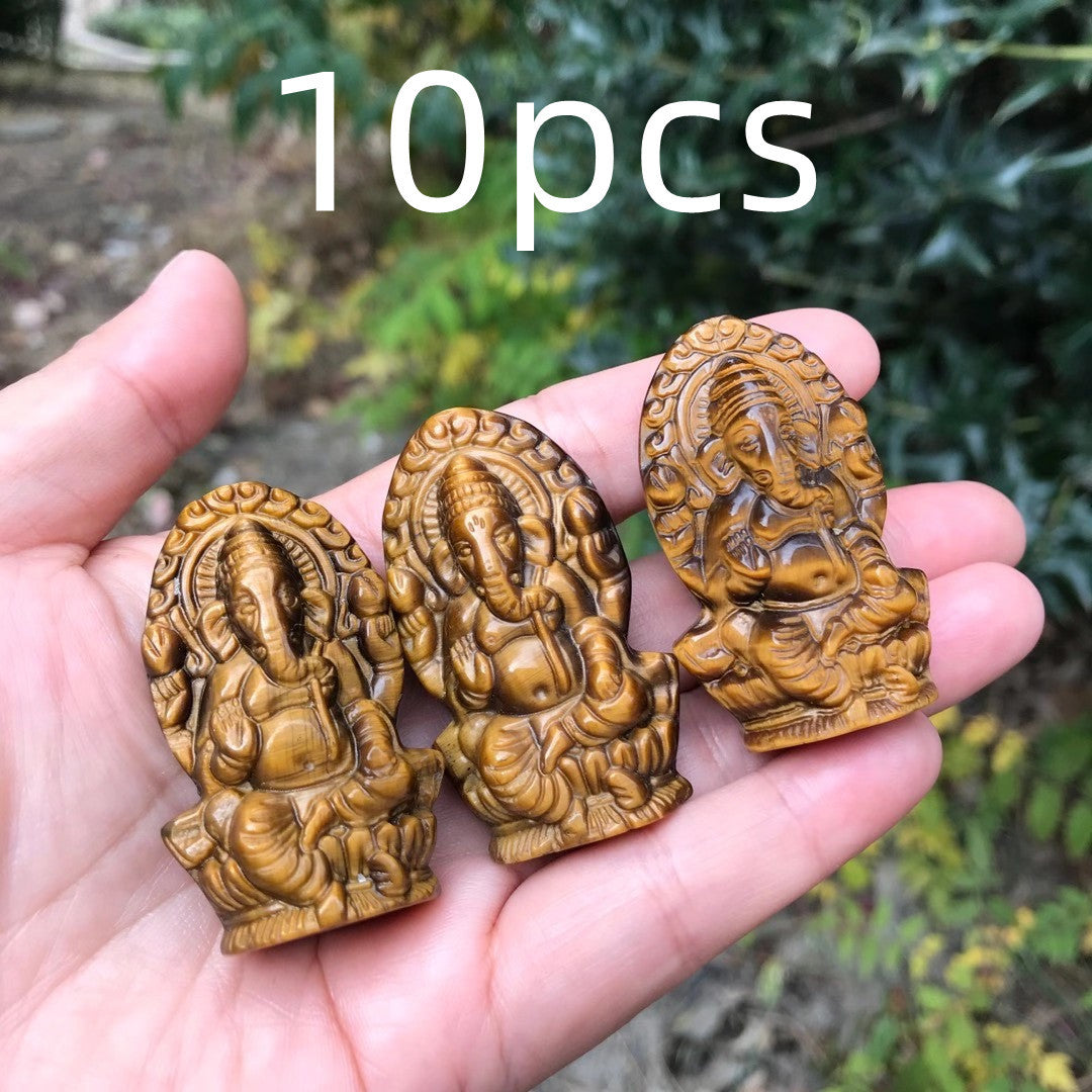 Tiger Eye Ganesha Carving - Hindu Elephant God Statue 50mm