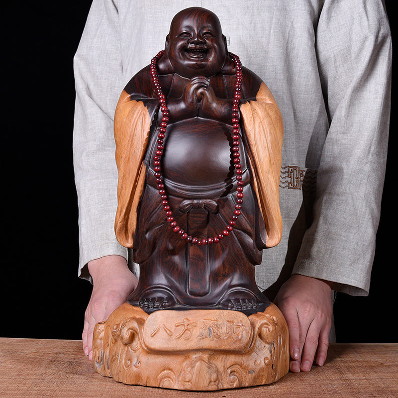 Ebony Wood Maitreya Buddha Statue - Laughing Buddha Carving 550g