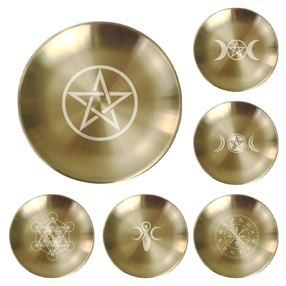 Triple Moon Pentagram Altar Plate - Metal Candlestick Holder 14cm