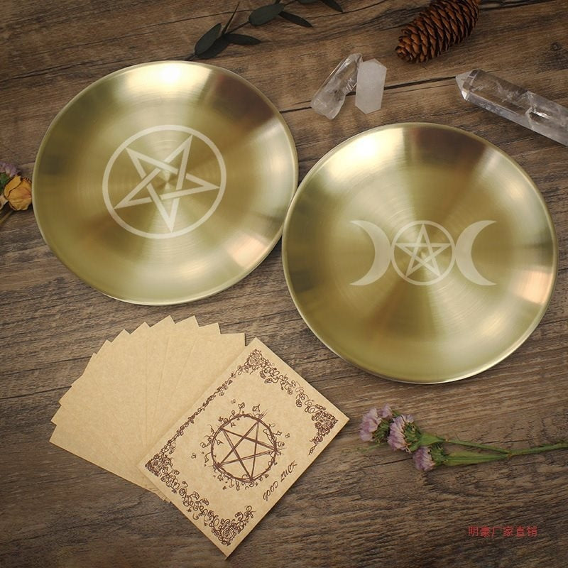 Triple Moon Pentagram Altar Plate - Metal Candlestick Holder 14cm