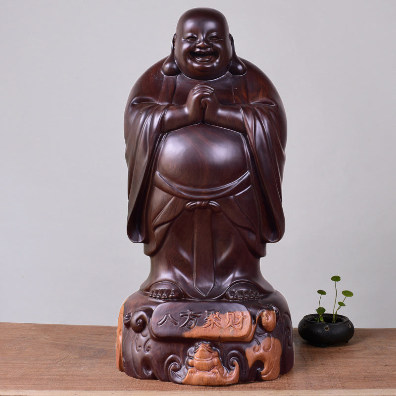 Ebony Wood Maitreya Buddha Statue - Laughing Buddha Carving 550g