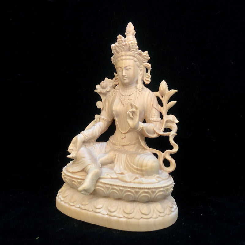 Green Tara Statue - Hand-Carved Boxwood Buddhist Goddess Sculpture