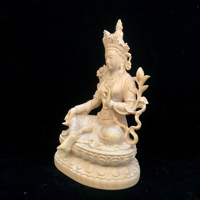 Green Tara Statue - Hand-Carved Boxwood Buddhist Goddess Sculpture