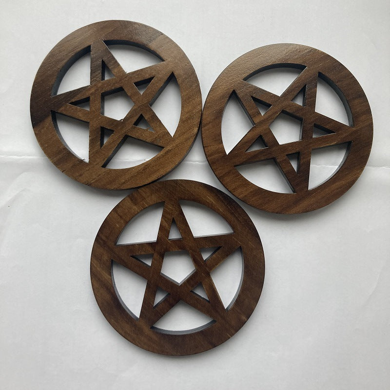 Wooden Pentagram Altar Mat - Hand-Carved Witch Ceremony Plate