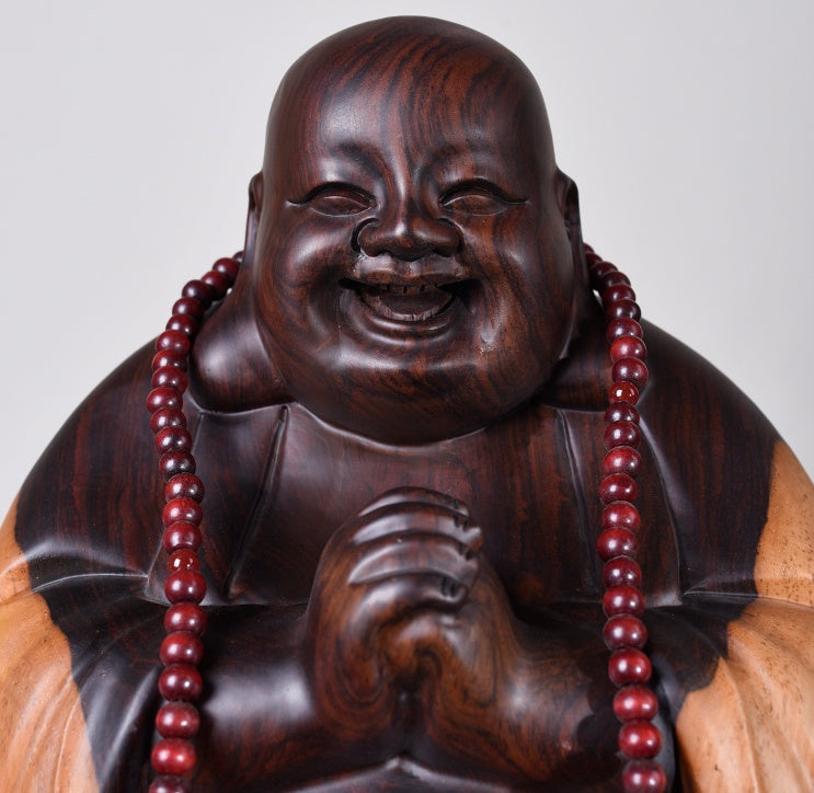 Ebony Wood Maitreya Buddha Statue - Laughing Buddha Carving 550g