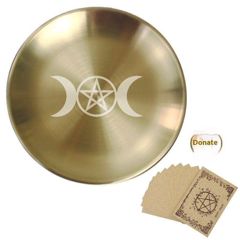 Triple Moon Pentagram Altar Plate - Metal Candlestick Holder 14cm