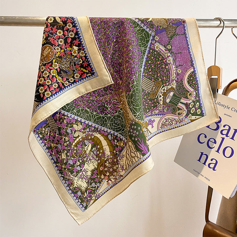 Silk Wool Scarf - Botanical Sketch Garden Print Luxury Wrap