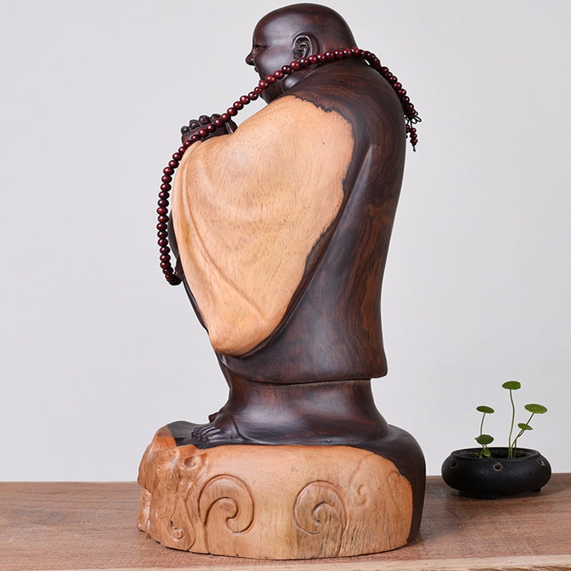 Ebony Wood Maitreya Buddha Statue - Laughing Buddha Carving 550g