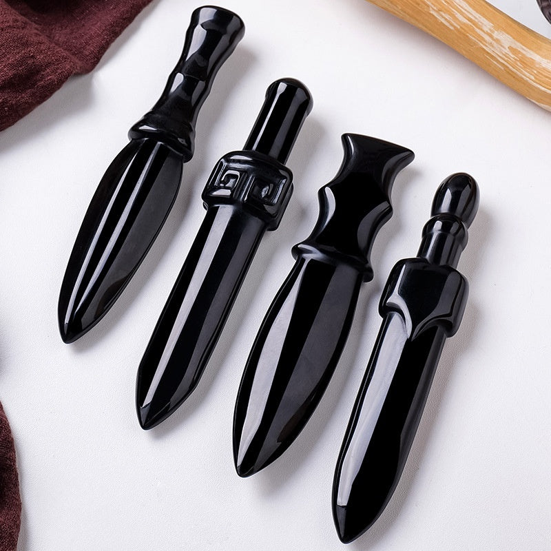 Obsidian Dagger Carving - Polished Black Crystal Stone Knife Decoration