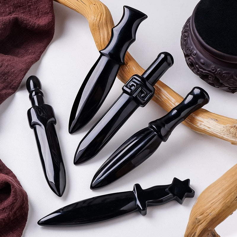 Obsidian Dagger Carving - Polished Black Crystal Stone Knife Decoration