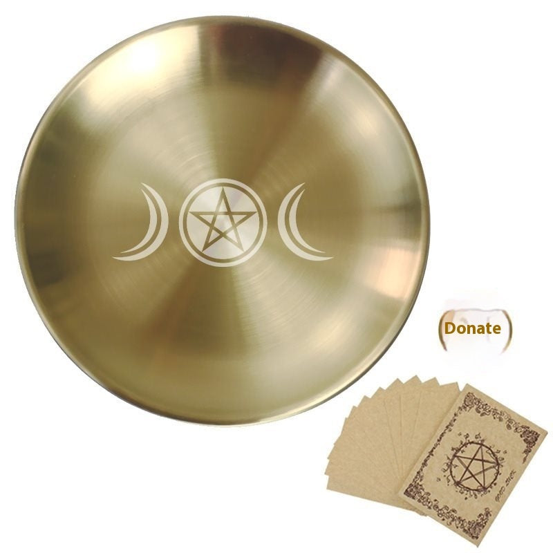 Triple Moon Pentagram Altar Plate - Metal Candlestick Holder 14cm