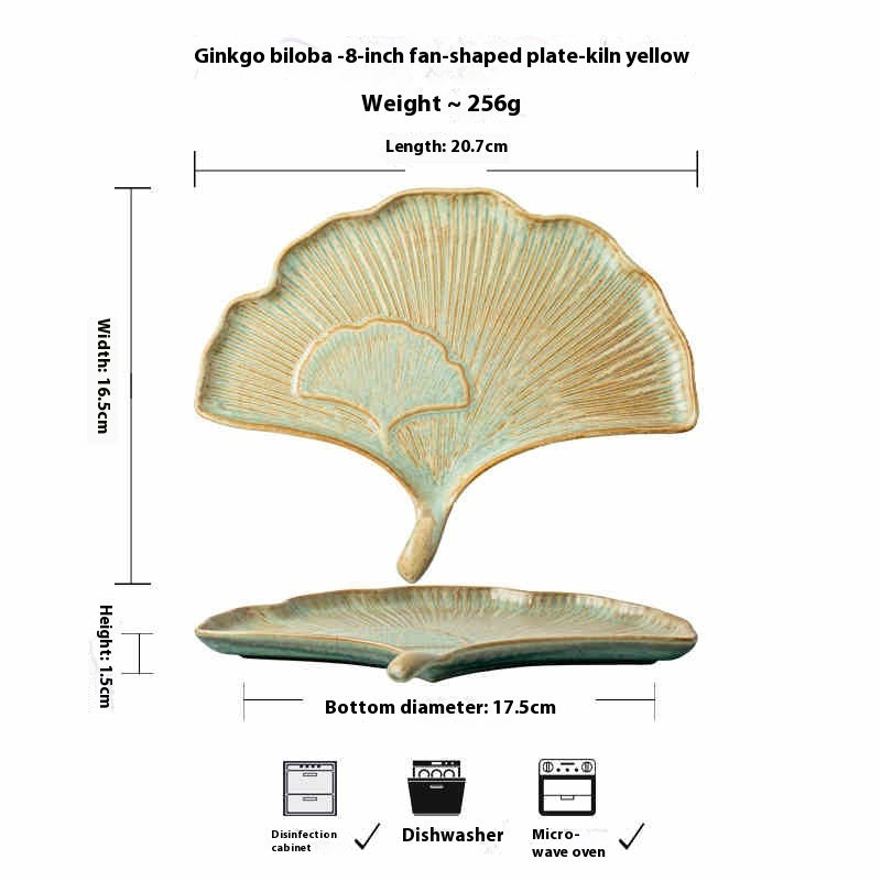 Ginkgo Leaf Ceramic Plate 8" - Fan-Shaped Stoneware Serving Dish