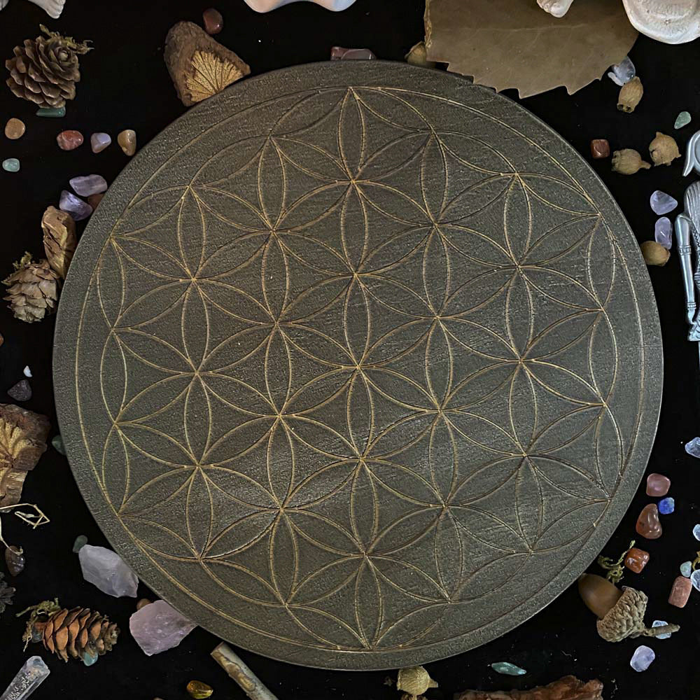 Flower of Life Crystal Grid - Oak Wood Energy Charging Plate 10cm