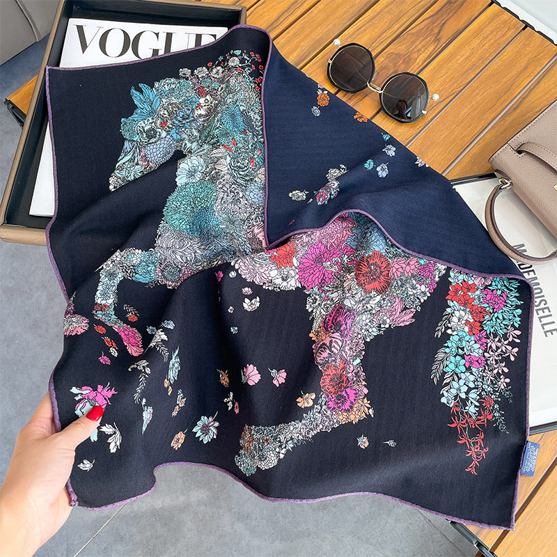 Silk Wool Scarf - Botanical Sketch Garden Print Luxury Wrap