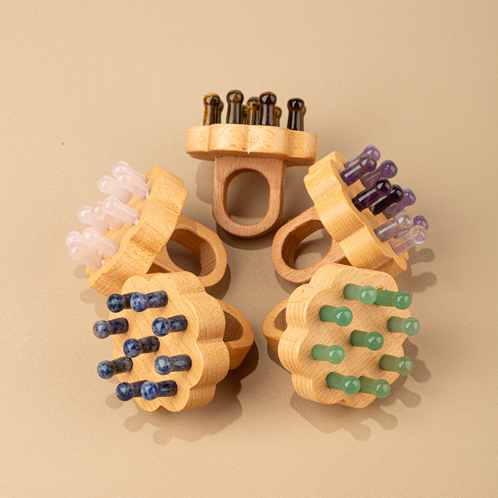 Crystal Jade Massage Comb - Nine-Tooth Lotus Wood Scalp Massager