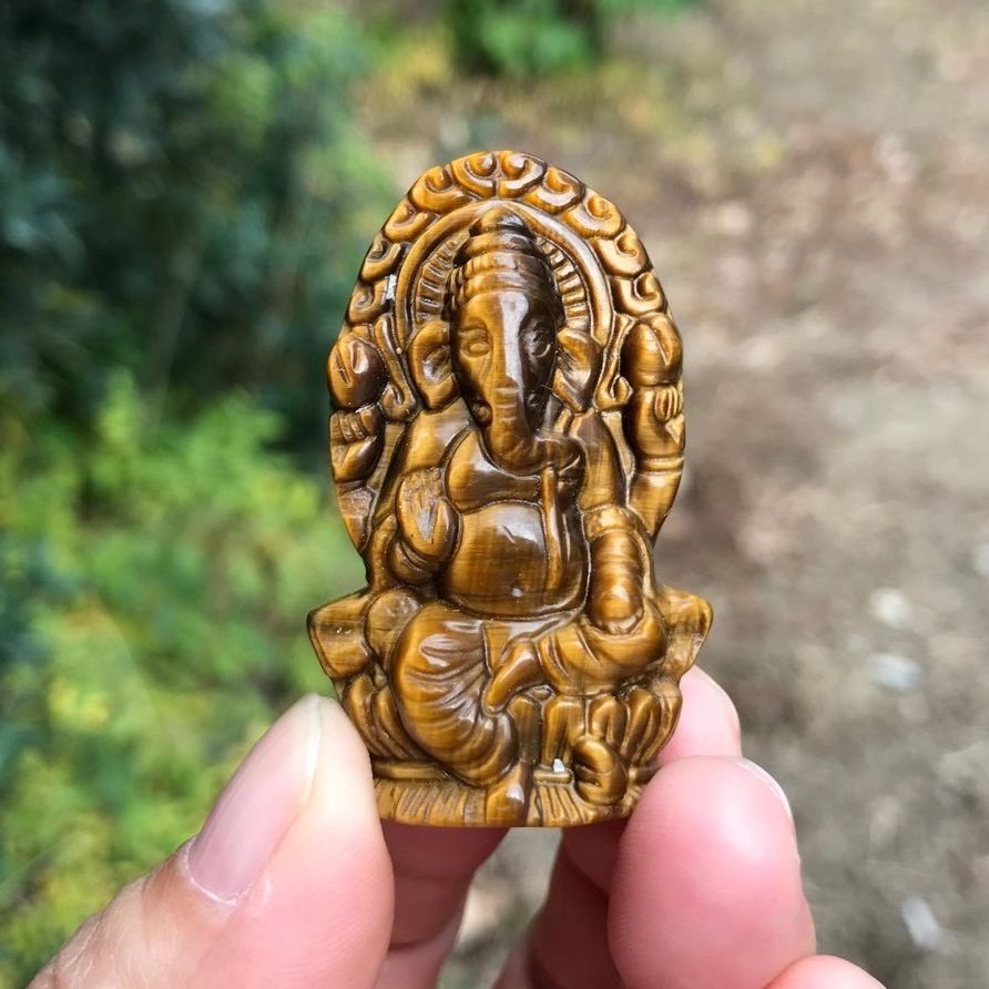 Tiger Eye Ganesha Carving - Hindu Elephant God Statue 50mm