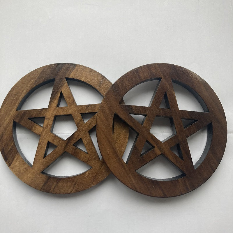 Wooden Pentagram Altar Mat - Hand-Carved Witch Ceremony Plate