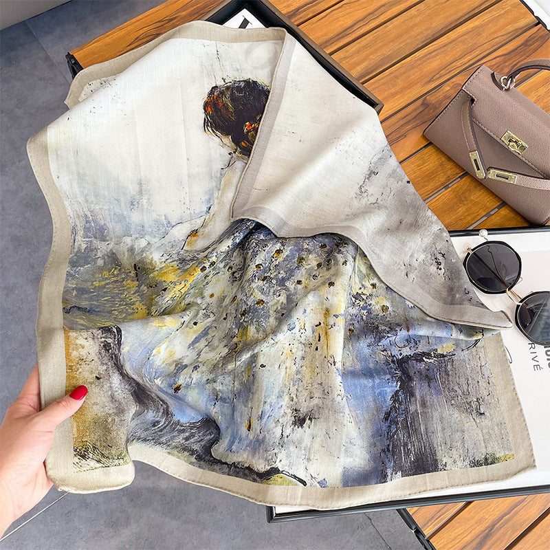 Silk Wool Scarf - Botanical Sketch Garden Print Luxury Wrap