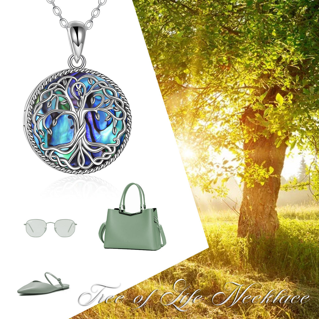 Tree of Life Locket Necklace - Sterling Silver Celtic Abalone Shell Pendant