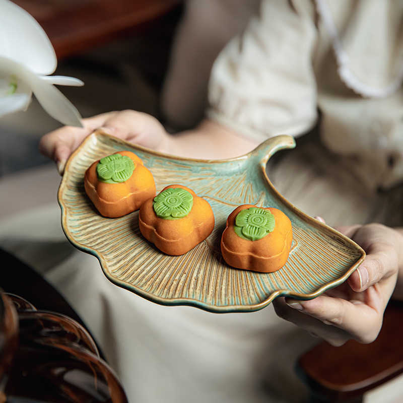 Ginkgo Leaf Ceramic Plate 8" - Fan-Shaped Stoneware Serving Dish