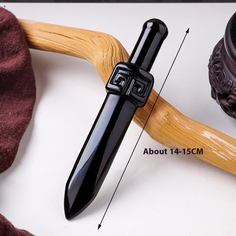 Obsidian Dagger Carving - Polished Black Crystal Stone Knife Decoration
