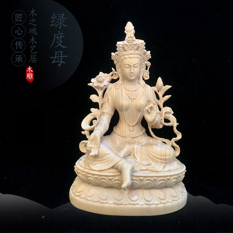 Green Tara Statue - Hand-Carved Boxwood Buddhist Goddess Sculpture