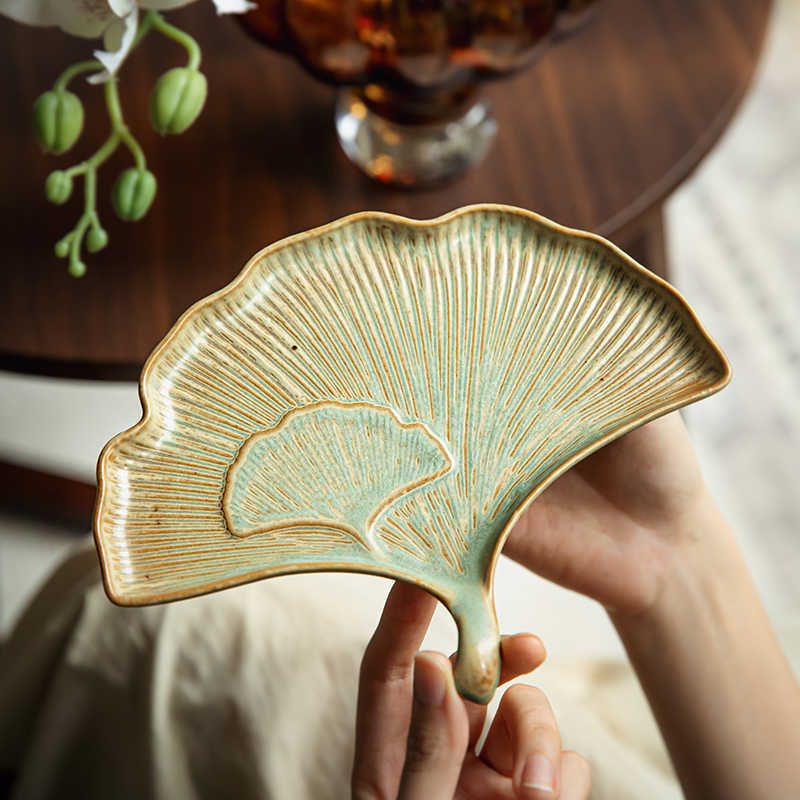 Ginkgo Leaf Ceramic Plate 8" - Fan-Shaped Stoneware Serving Dish