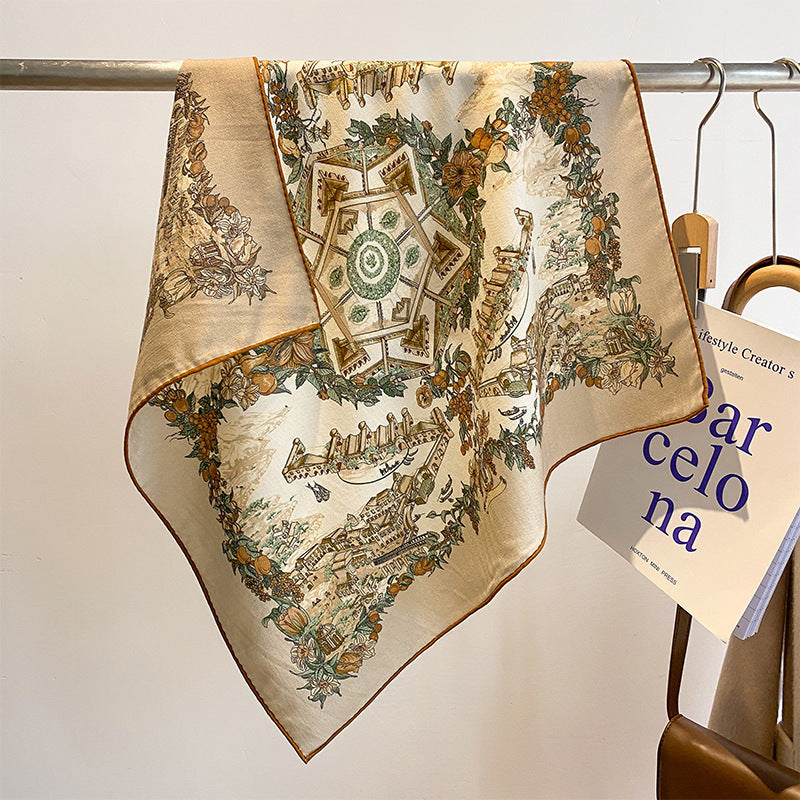 Silk Wool Scarf - Botanical Sketch Garden Print Luxury Wrap