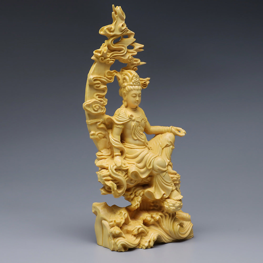 Boxwood Guanyin Carving - Water Moon Goddess of Mercy Statue 120g
