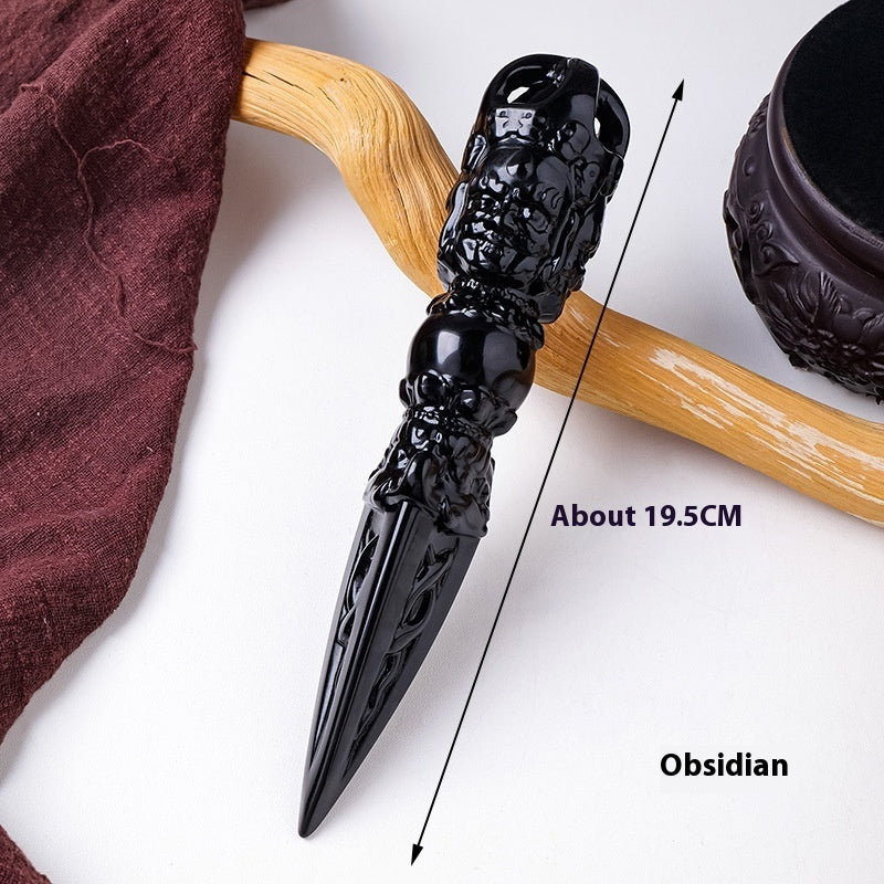 Obsidian Dagger Carving - Polished Black Crystal Stone Knife Decoration