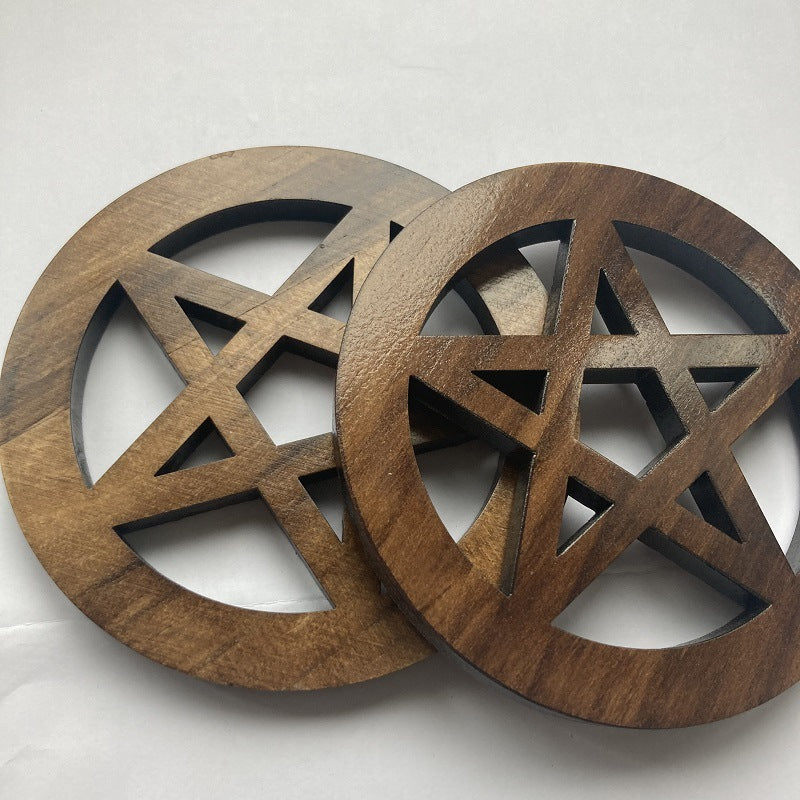 Wooden Pentagram Altar Mat - Hand-Carved Witch Ceremony Plate