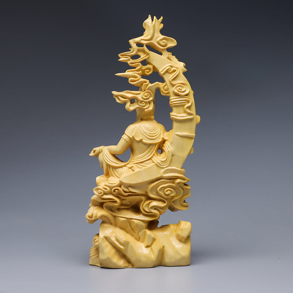 Boxwood Guanyin Carving - Water Moon Goddess of Mercy Statue 120g
