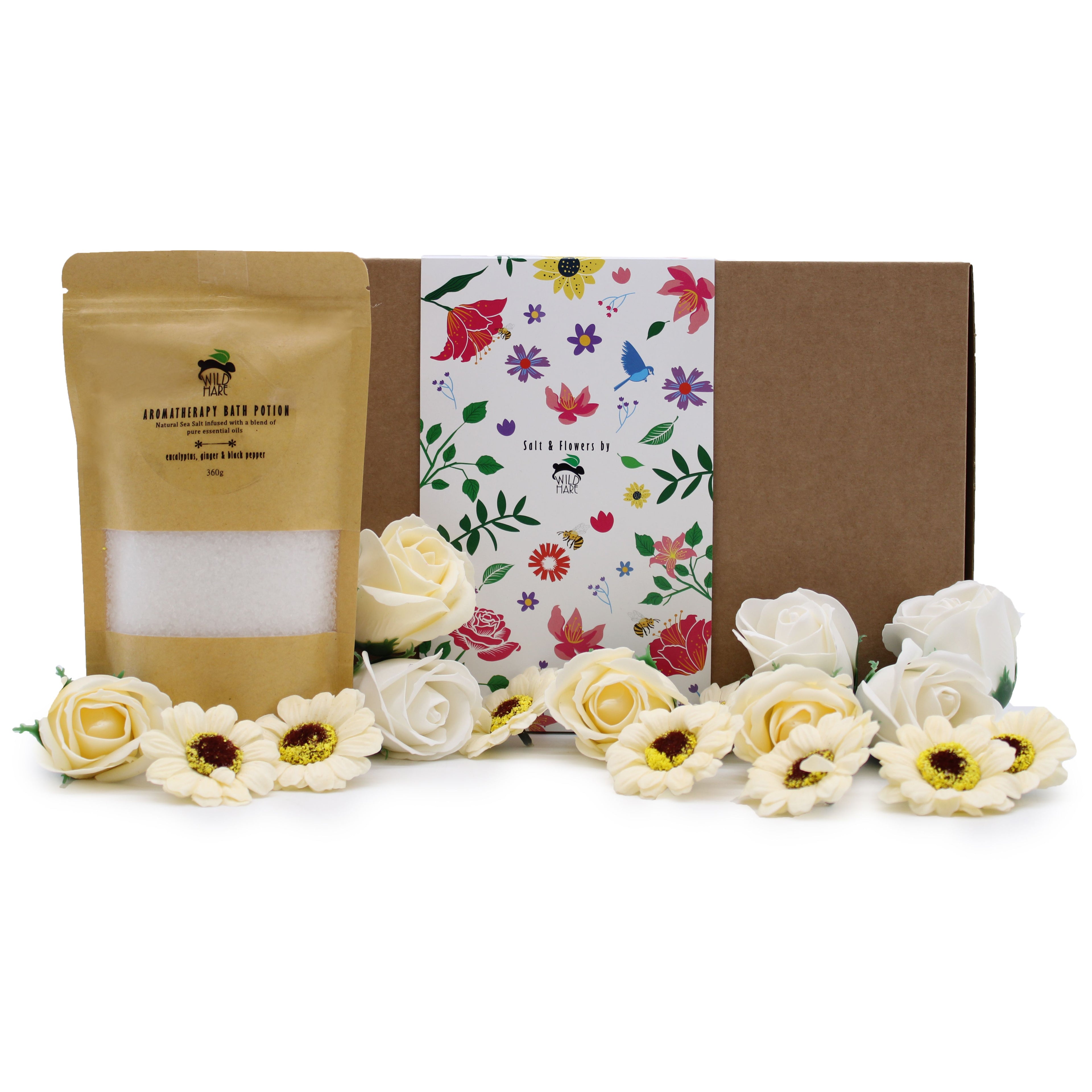 🌿 Salt Soak Set Cold & Flu - Bath Salt, Soap Roses & Sunflowers Gift Box 💐