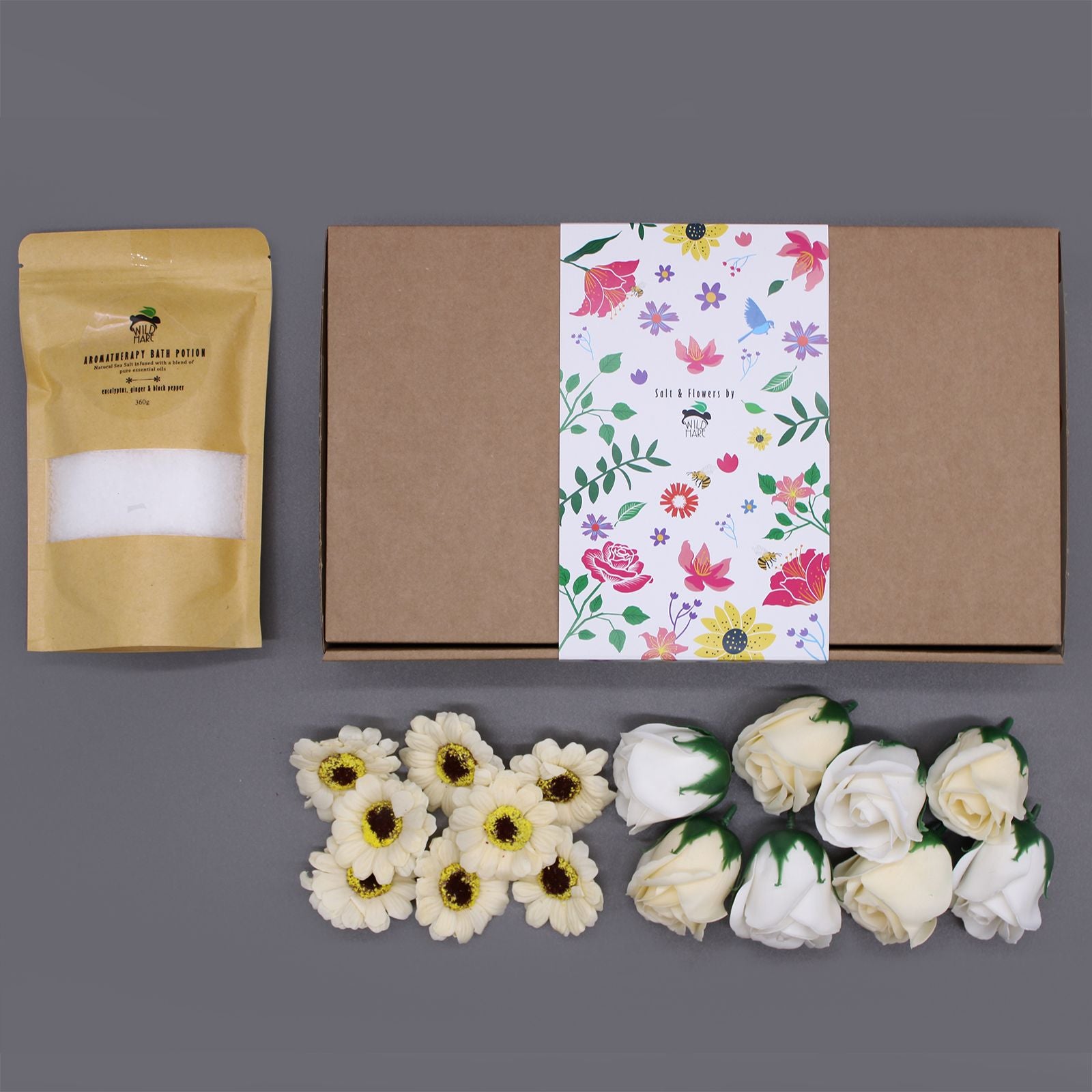 🌿 Salt Soak Set Cold & Flu - Bath Salt, Soap Roses & Sunflowers Gift Box 💐