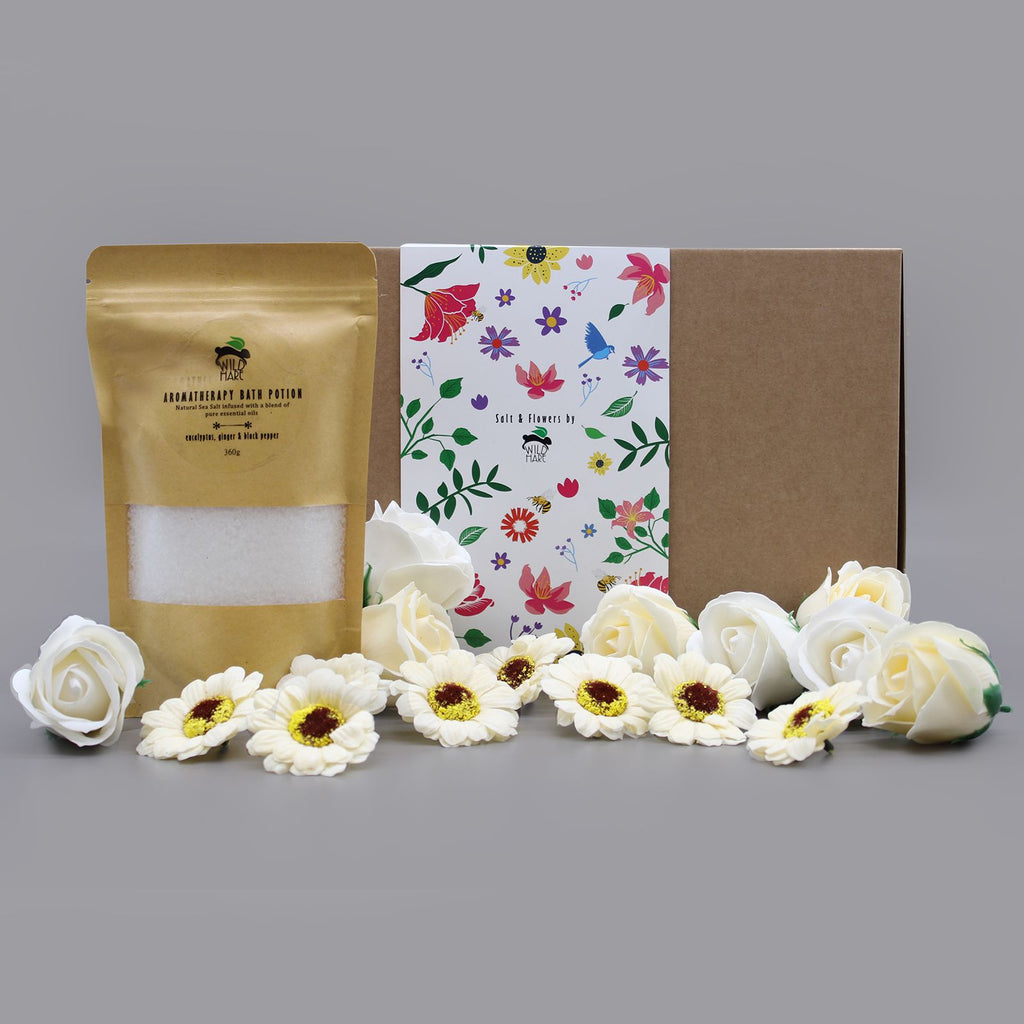 🌿 Salt Soak Set Cold & Flu - Bath Salt, Soap Roses & Sunflowers Gift Box 💐