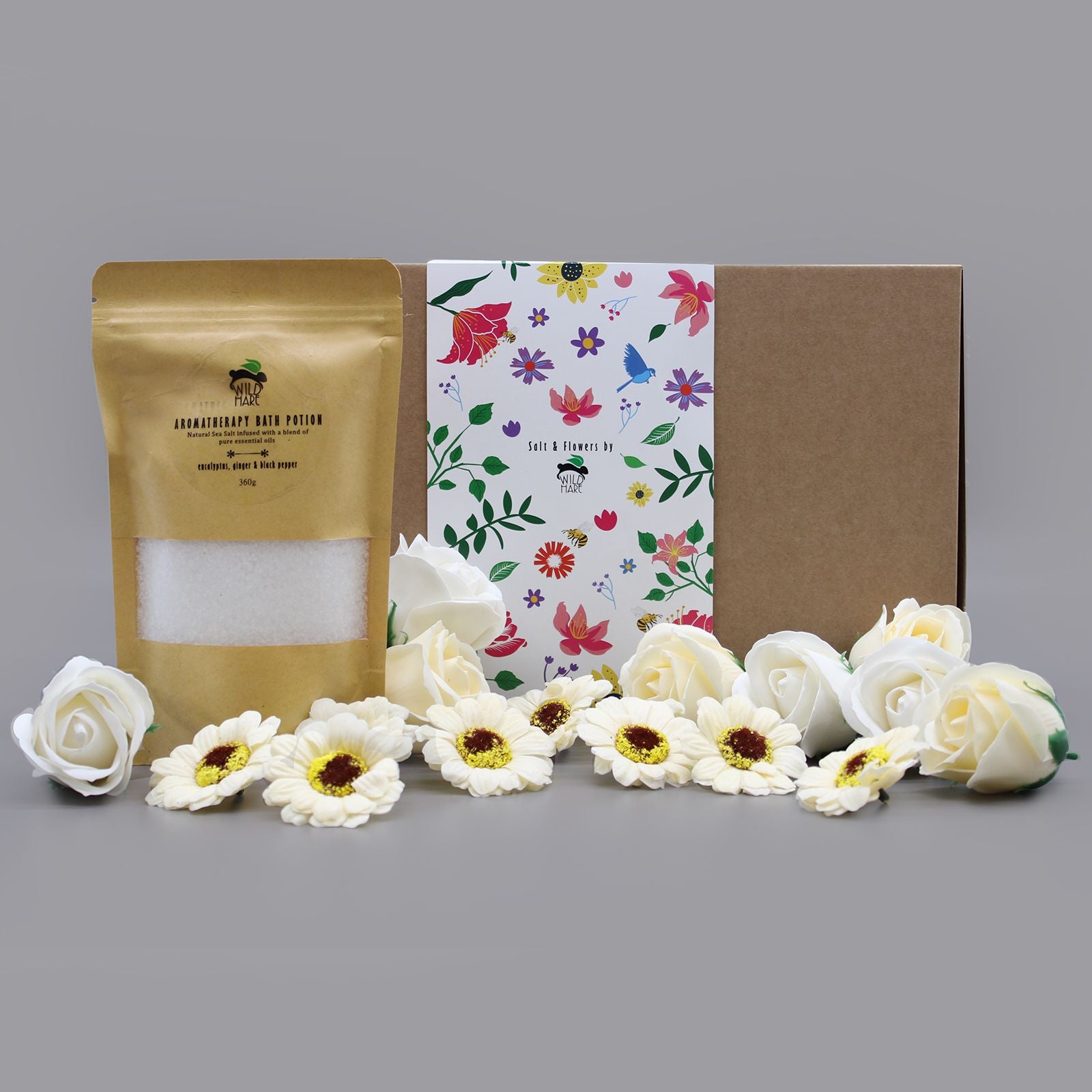 🌿 Salt Soak Set Cold & Flu - Bath Salt, Soap Roses & Sunflowers Gift Box 💐