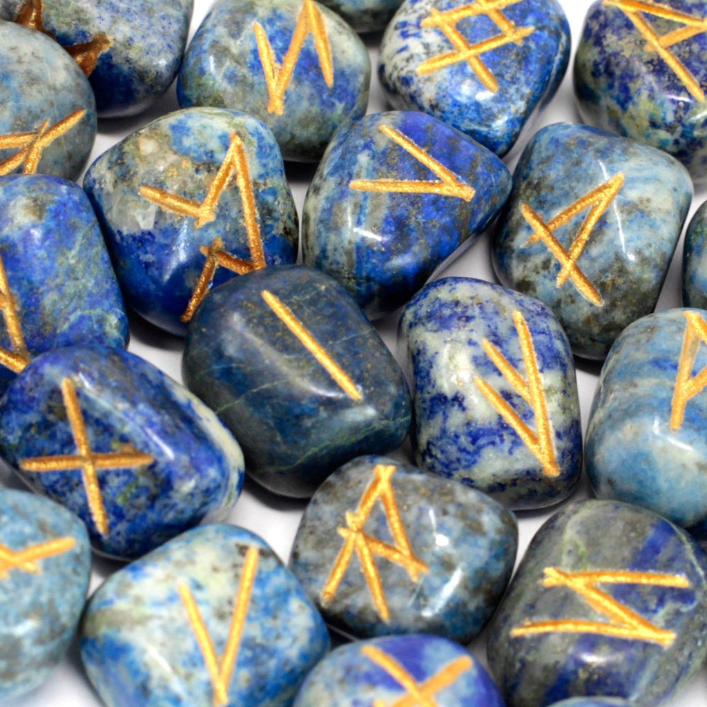 Lapis Lazuli Rune Stones Set - 25 Stones in Pouch for Divination