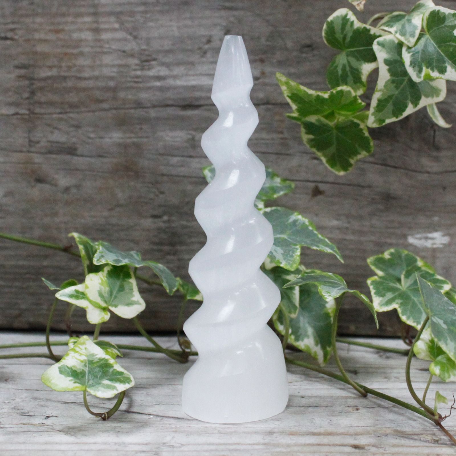 Selenite Spiral Unicorn Horn Tower 15cm - Moroccan Crystal Wand