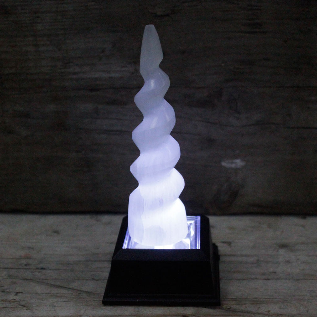 Selenite Spiral Unicorn Horn Tower 15cm - Moroccan Crystal Wand