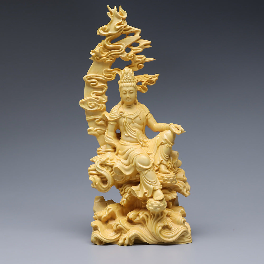 Boxwood Guanyin Carving - Water Moon Goddess of Mercy Statue 120g