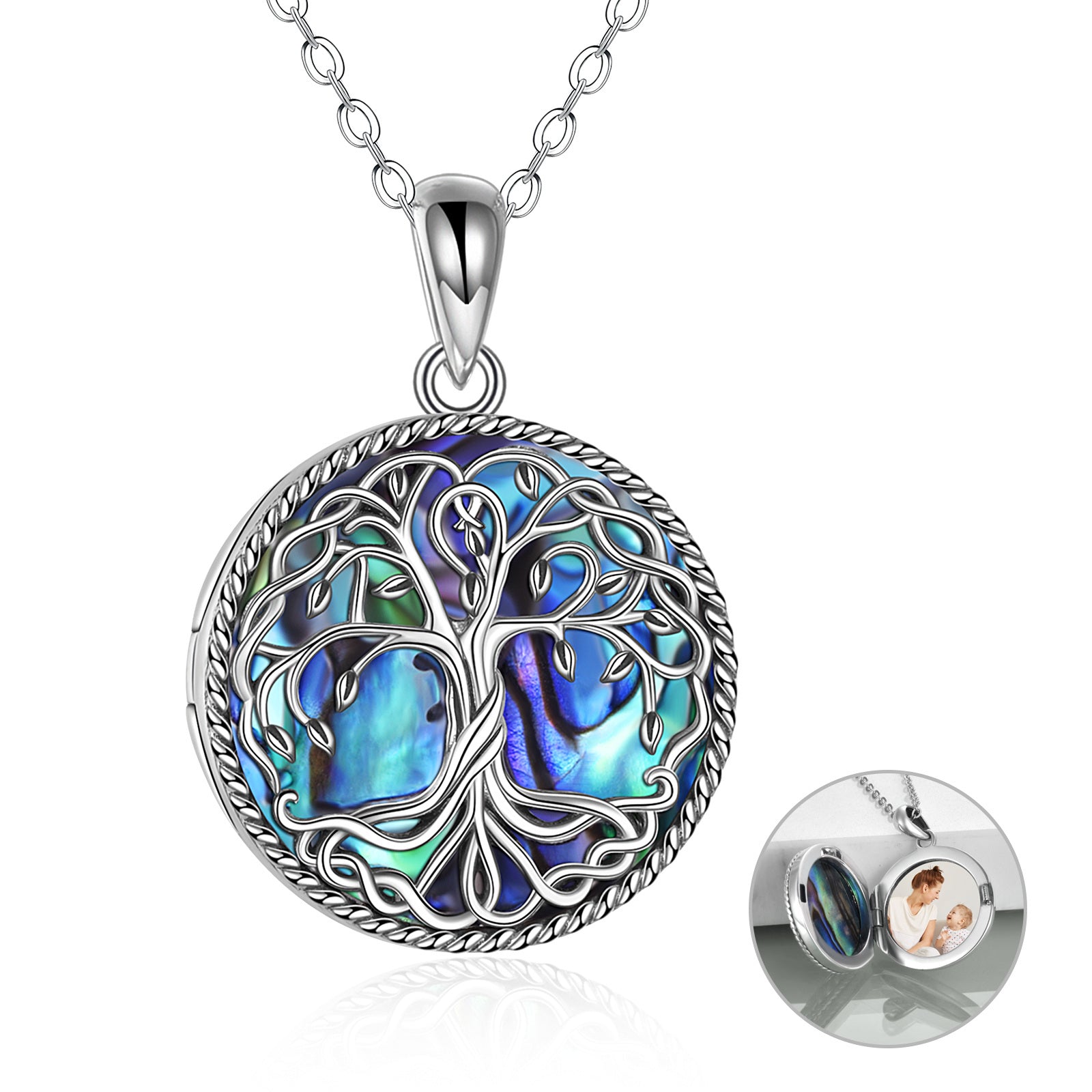 Tree of Life Locket Necklace - Sterling Silver Celtic Abalone Shell Pendant