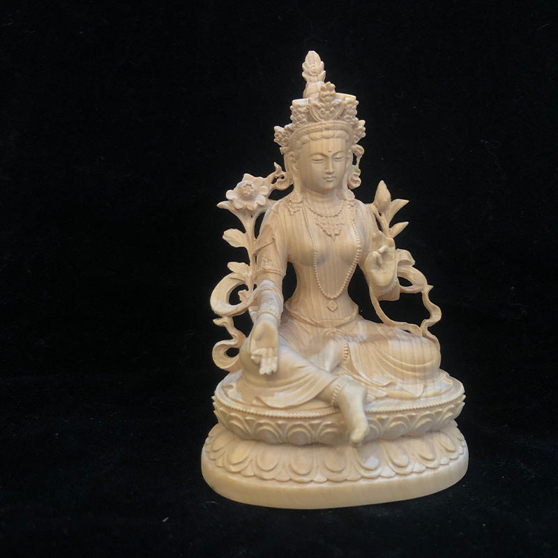 Green Tara Statue - Hand-Carved Boxwood Buddhist Goddess Sculpture