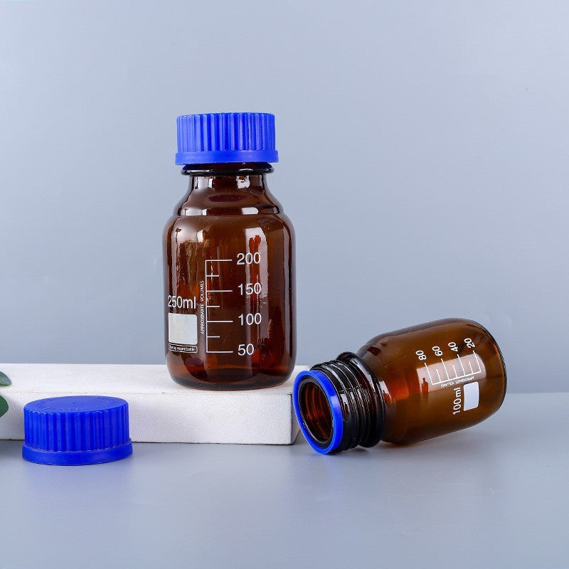 Amber Glass Reagent Bottle - Dark Brown Storage Jar with Blue Lid