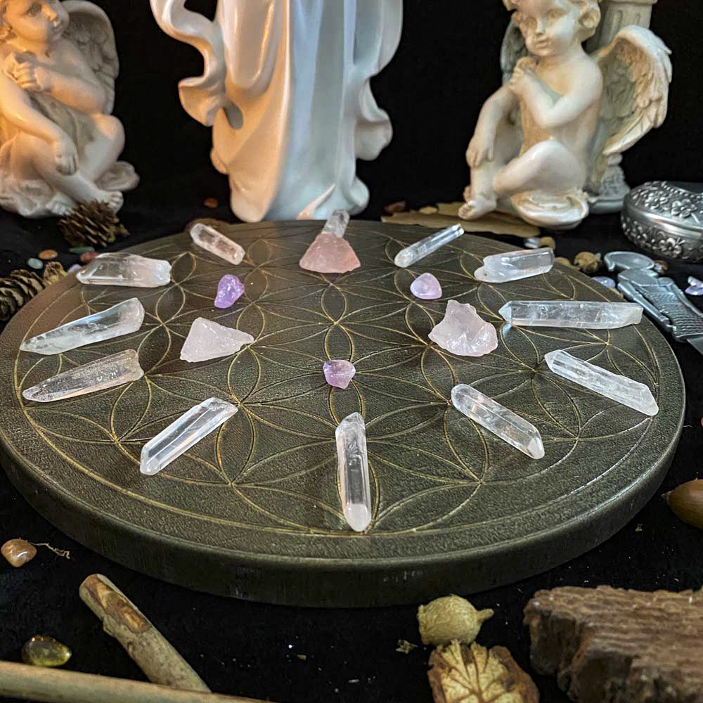 Flower of Life Crystal Grid - Oak Wood Energy Charging Plate 10cm