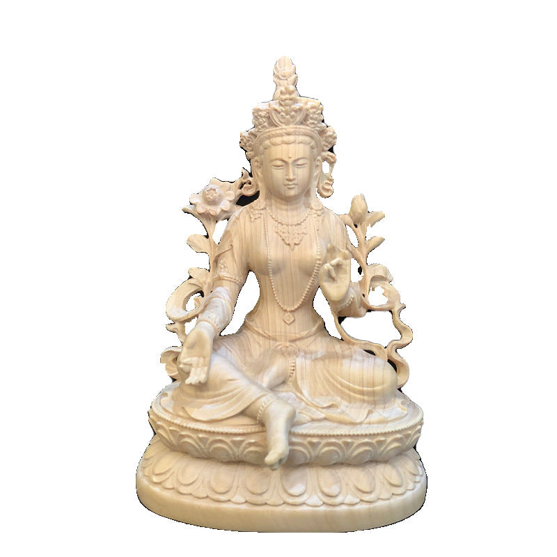 Green Tara Statue - Hand-Carved Boxwood Buddhist Goddess Sculpture