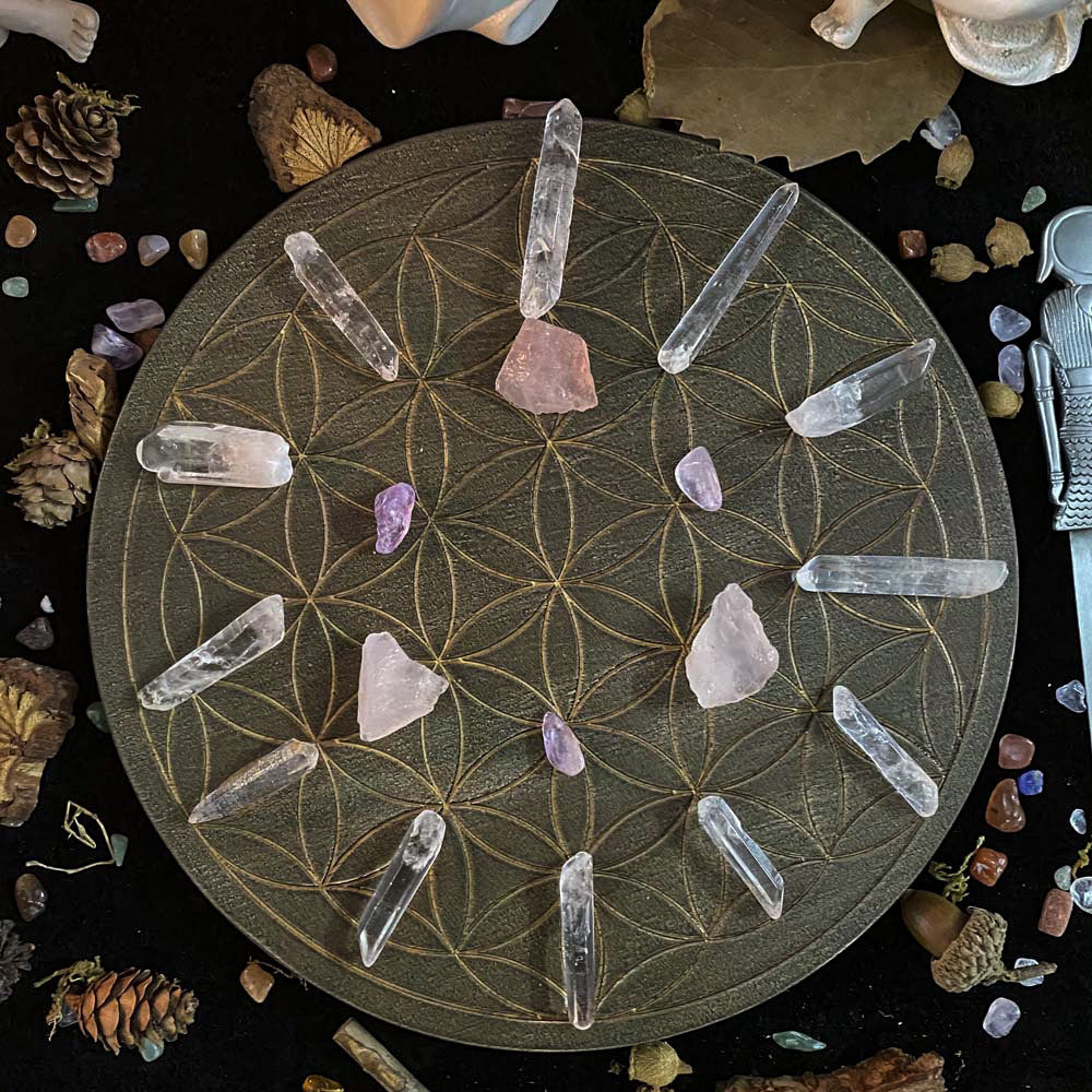 Flower of Life Crystal Grid - Oak Wood Energy Charging Plate 10cm