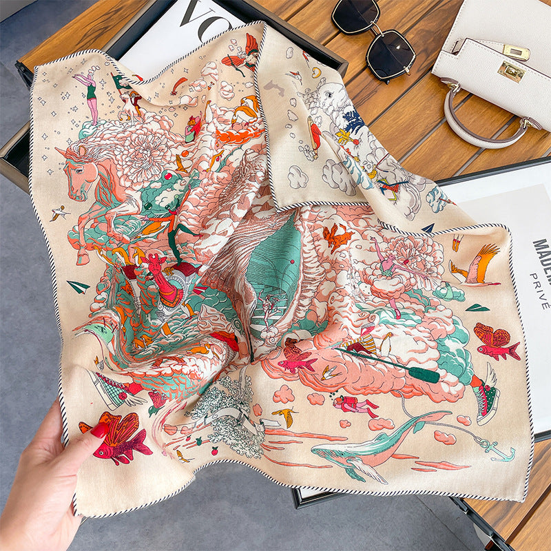 Silk Wool Scarf - Botanical Sketch Garden Print Luxury Wrap